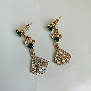 Rhinestones Crystal Clear/Emerald Drop Dangle Pierced Earrings 1 7/8” NWOT